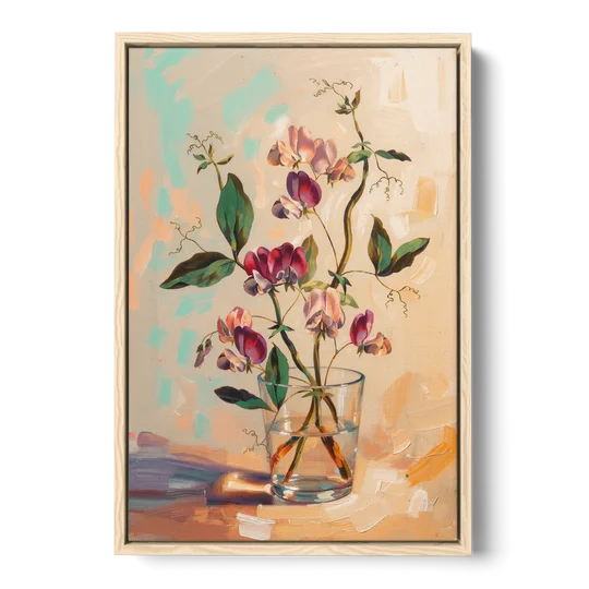 Flower Art Prints Sweet Peas in a Glass - Oak Framed Canvas Wall Art - Front