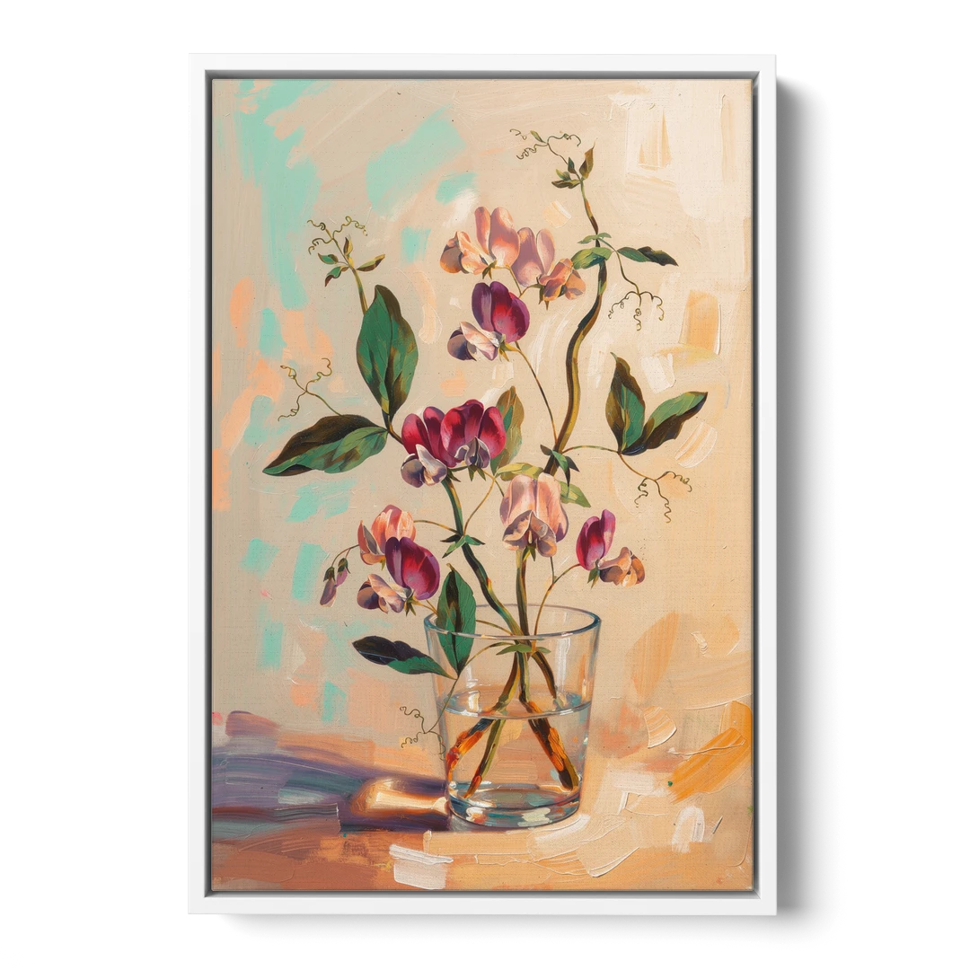 Flower Art Prints Sweet Peas in a Glass - White Framed Canvas Wall Art - Front