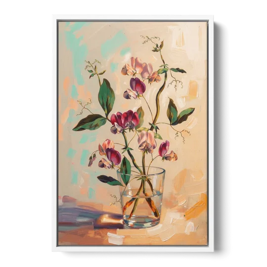 Flower Art Prints Sweet Peas in a Glass - White Framed Canvas Wall Art - Front