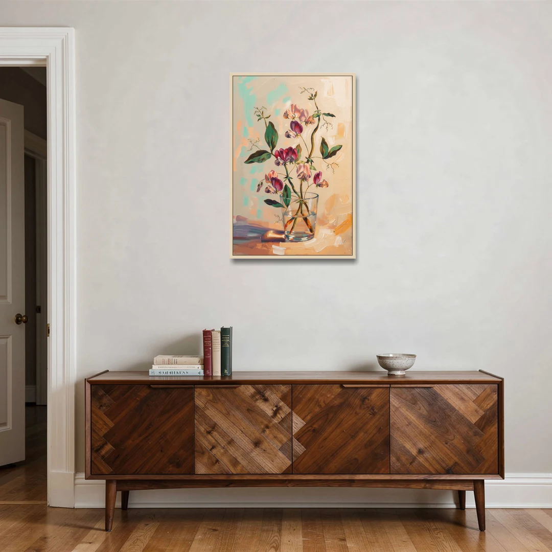 Flower Art Prints Sweet Peas in a Glass - Oak Framed Canvas Wall Art - Coffee Table - 24x36