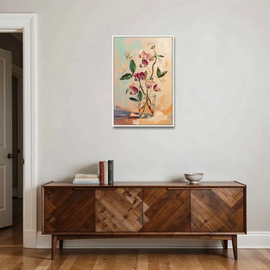 Flower Art Prints Sweet Peas in a Glass - White Framed Canvas Wall Art - Coffee Table - 24x36