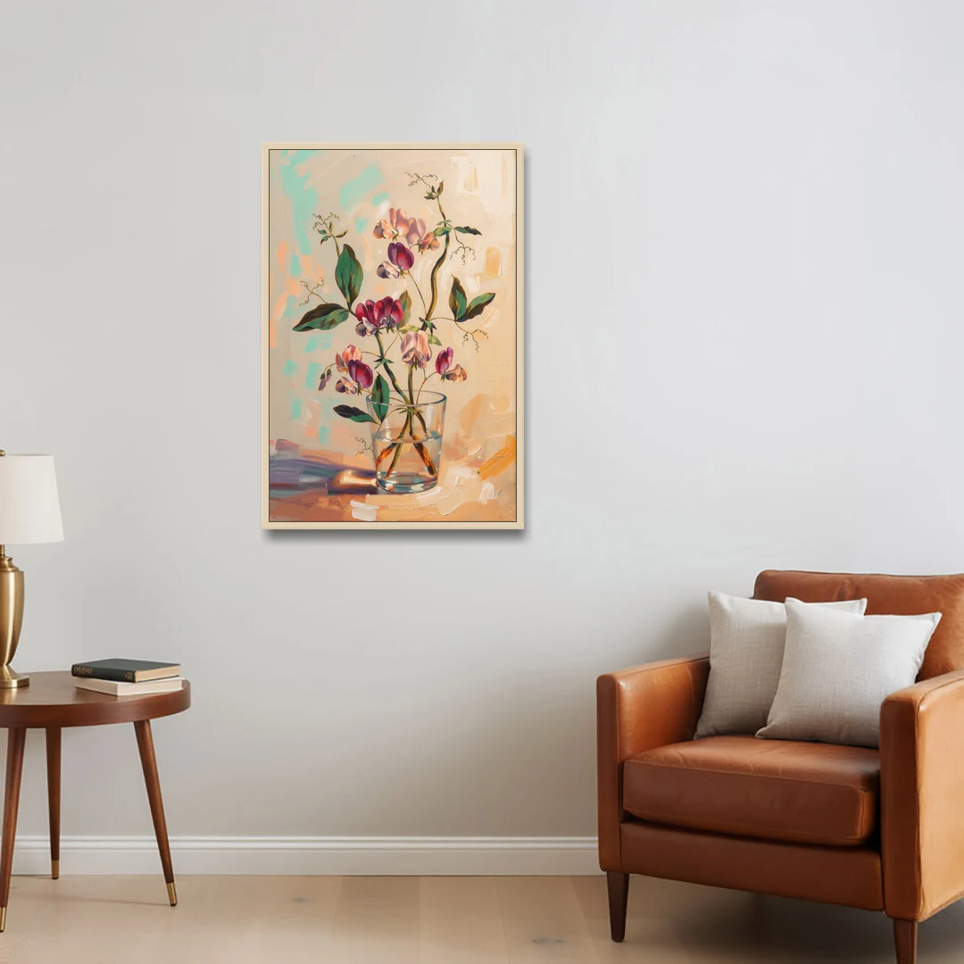 Flower Art Prints Sweet Peas in a Glass - Oak Framed Canvas Wall Art - Sofa - 24x36