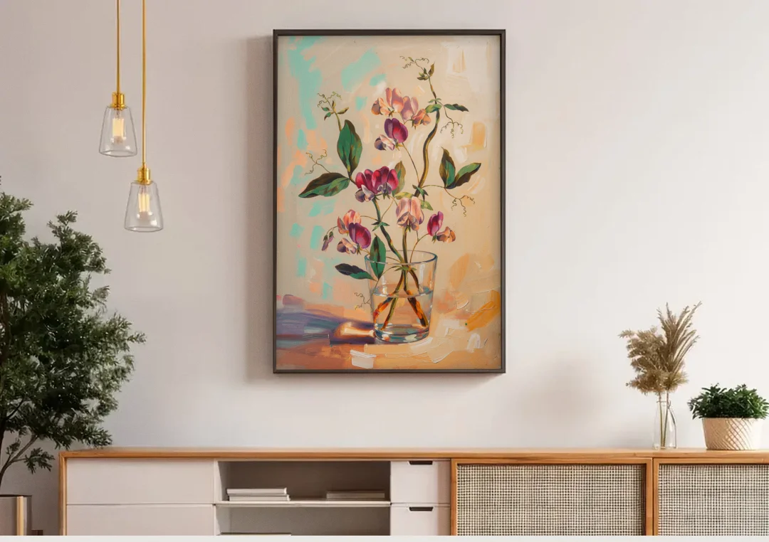 Flower Art Prints Sweet Peas in a Glass canvas wall art above a wooden sideboard under pendant lights