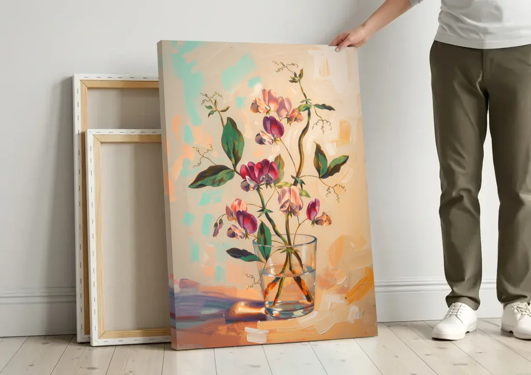 Flower Art Prints Sweet Peas in a Glass canvas wall art leaning against a wall next to blank canvases
