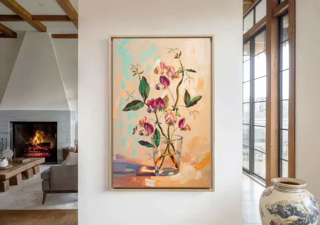 Flower Art Prints Sweet Peas in a Glass canvas wall art in a living room with a fireplace