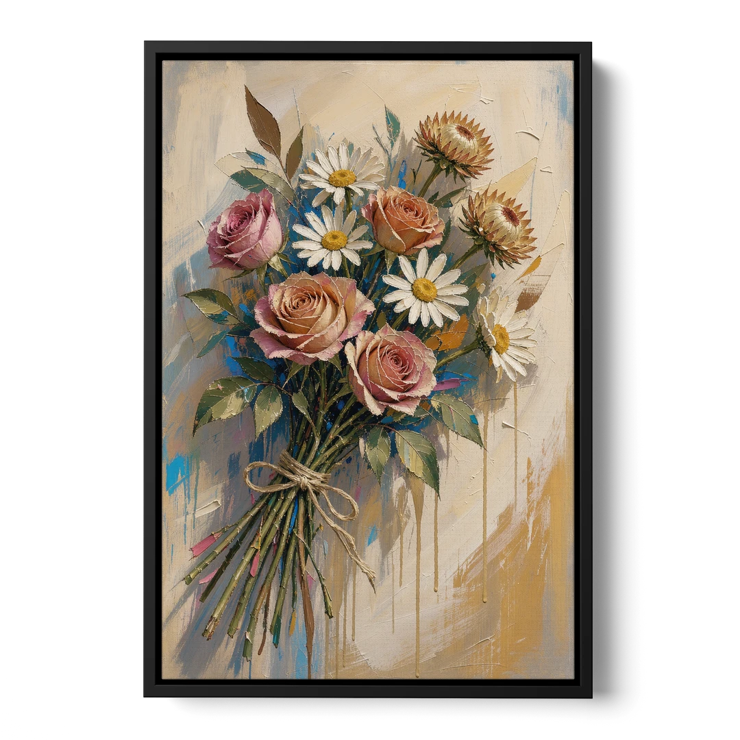 Flower Painting Canvas Sun-Faded Bouquet - Black Framed Canvas Wall Art - Front