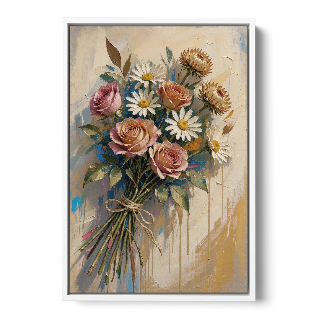 Flower Painting Canvas Sun-Faded Bouquet - White Framed Canvas Wall Art - Front