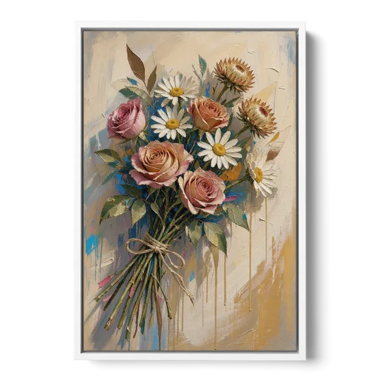 Flower Painting Canvas Sun-Faded Bouquet - White Framed Canvas Wall Art - Front