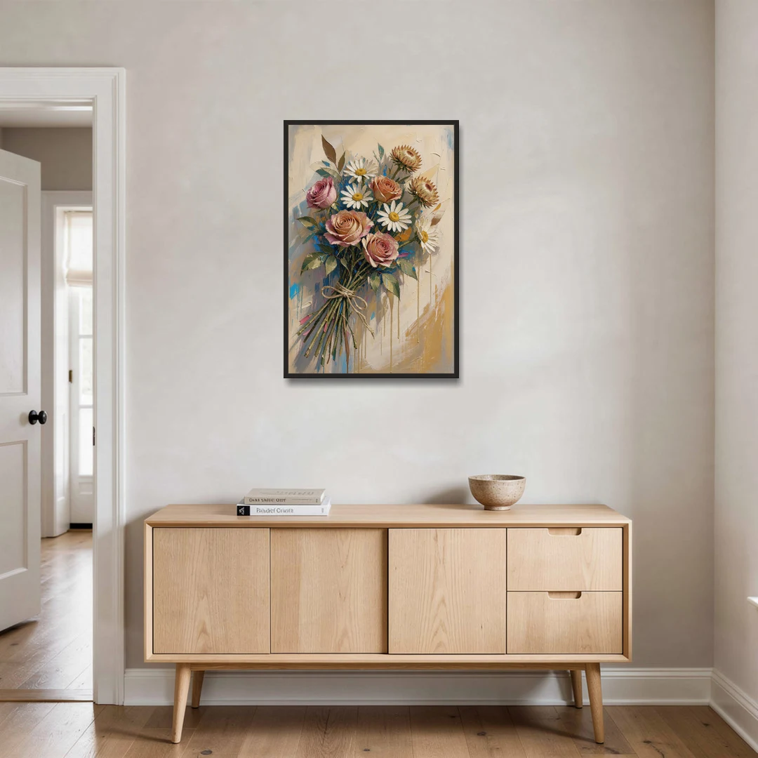 Flower Painting Canvas Sun-Faded Bouquet - Black Framed Canvas Wall Art - Coffee Table - 24x36