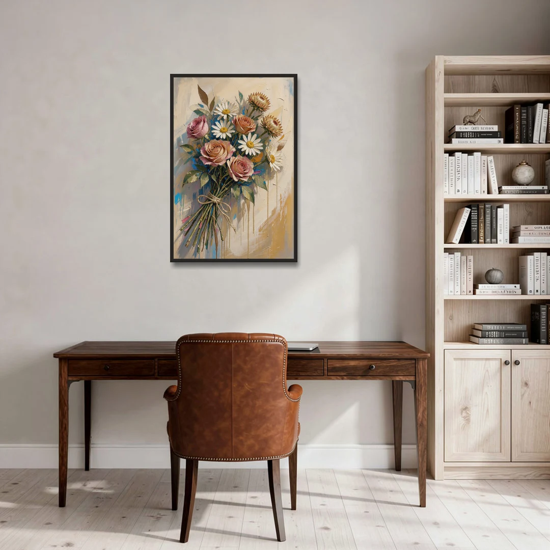 Flower Painting Canvas Sun-Faded Bouquet - Black Framed Canvas Wall Art - Office - 24x36