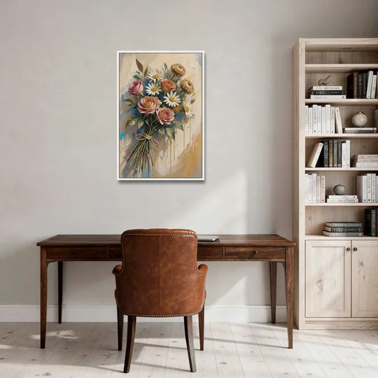Flower Painting Canvas Sun-Faded Bouquet - White Framed Canvas Wall Art - Office - 24x36