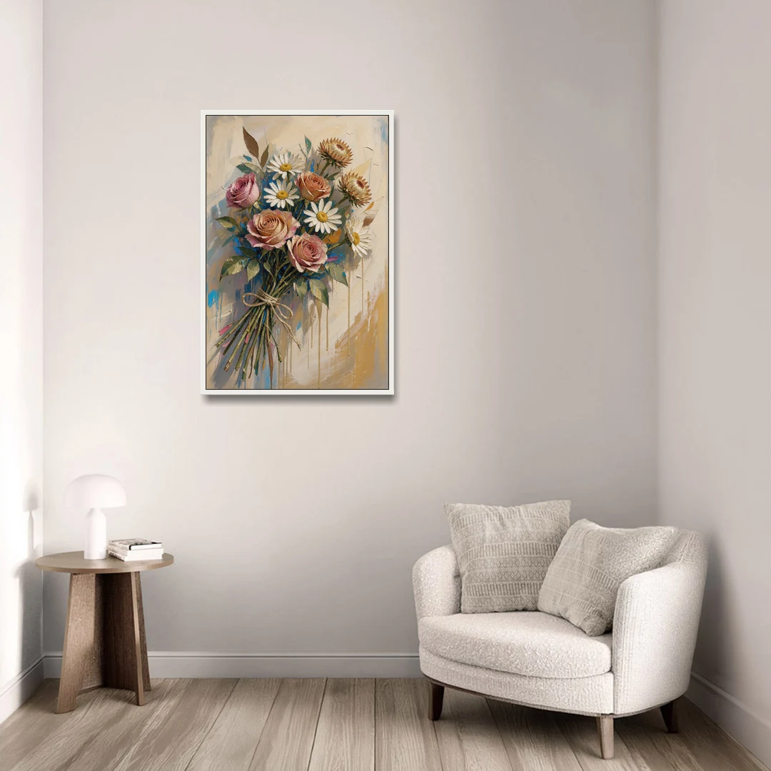 Flower Painting Canvas Sun-Faded Bouquet - White Framed Canvas Wall Art - Sofa - 24x36