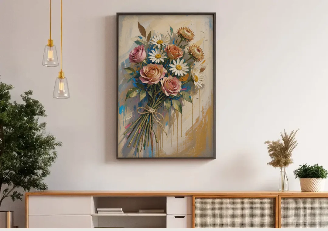 Flower Painting Canvas Sun-Faded Bouquet canvas wall art above a wooden sideboard under pendant lights