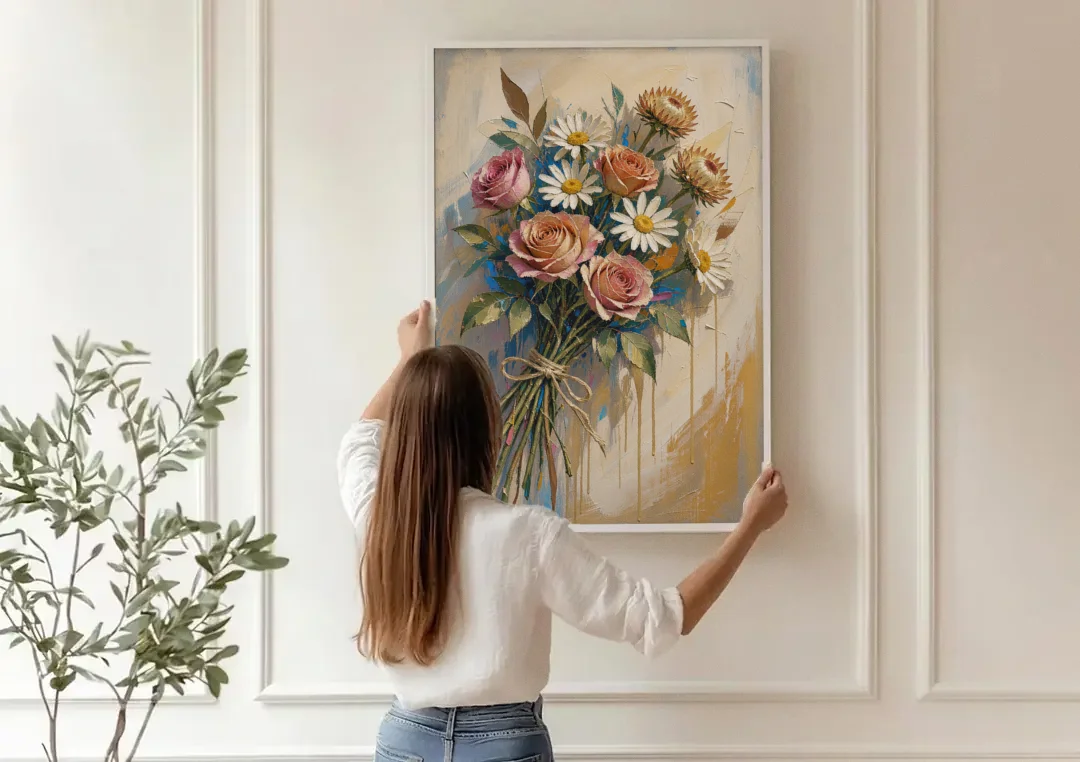 Flower Painting Canvas Sun-Faded Bouquet canvas wall art being hung on a paneled wall