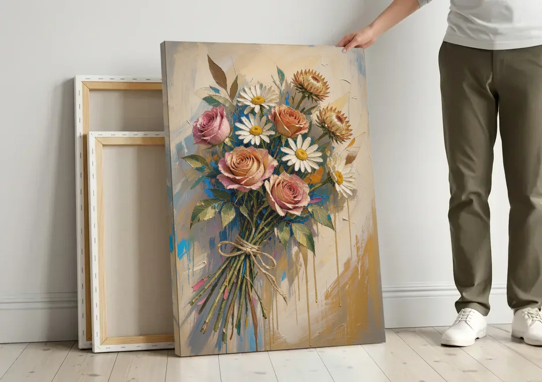Flower Painting Canvas Sun-Faded Bouquet canvas wall art leaning against a wall next to blank canvases