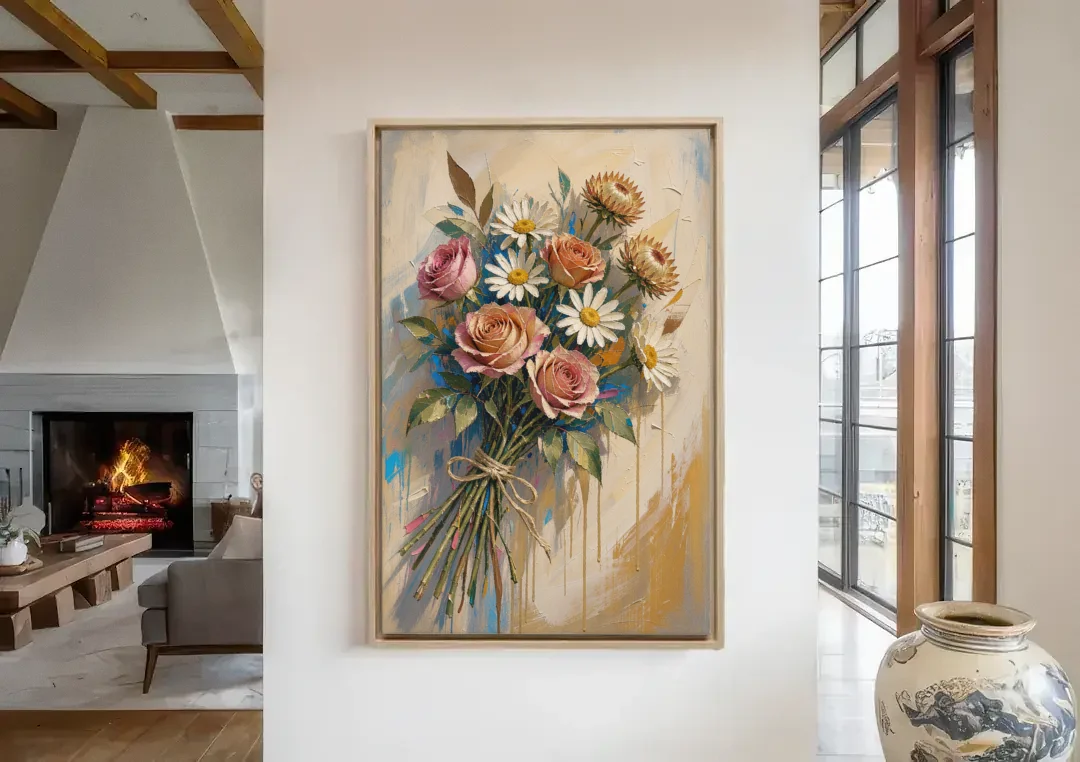 Flower Painting Canvas Sun-Faded Bouquet canvas wall art in a living room with a fireplace