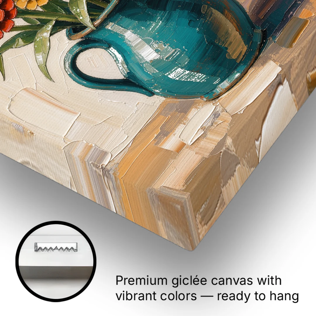 Flower Painting of Zinnias in a Teal Pitcher - Canvas Wall Art - Gallery Wrap Corner
