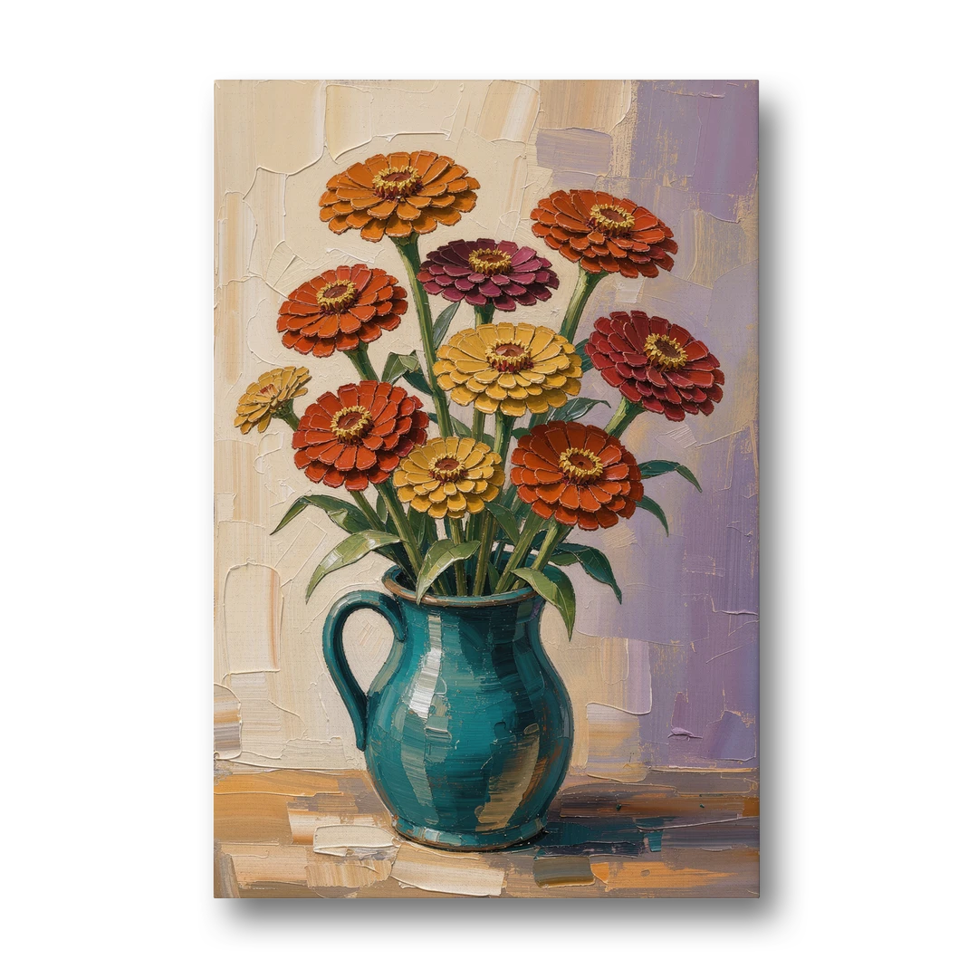 Flower Painting of Zinnias in a Teal Pitcher - Canvas Wall Art - Front