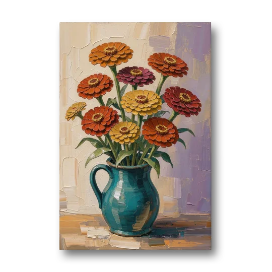 Flower Painting of Zinnias in a Teal Pitcher - Canvas Wall Art - Front