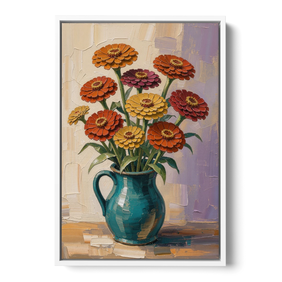Flower Painting of Zinnias in a Teal Pitcher - White Framed Canvas Wall Art - Front