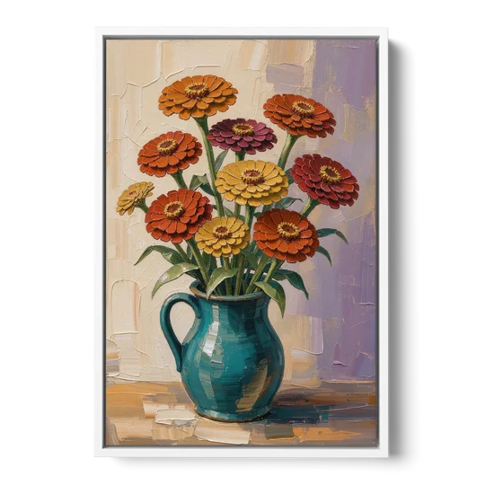 Flower Painting of Zinnias in a Teal Pitcher - White Framed Canvas Wall Art - Front