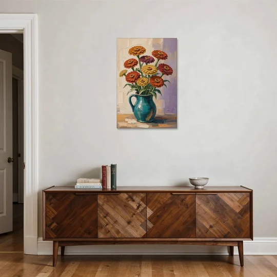 Flower Painting of Zinnias in a Teal Pitcher - Canvas Wall Art - Coffee Table - 24x36