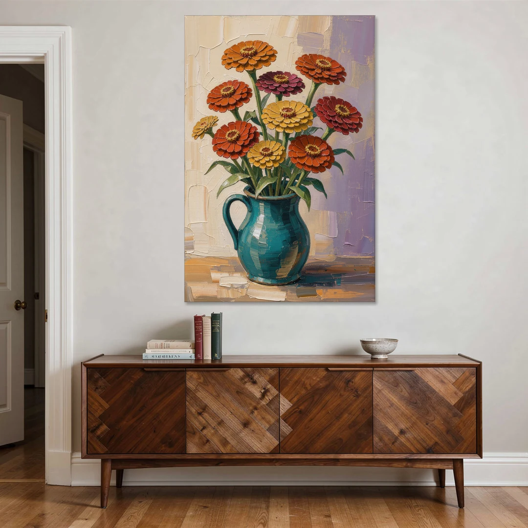 Flower Painting of Zinnias in a Teal Pitcher - Canvas Wall Art - Coffee Table - 40x60