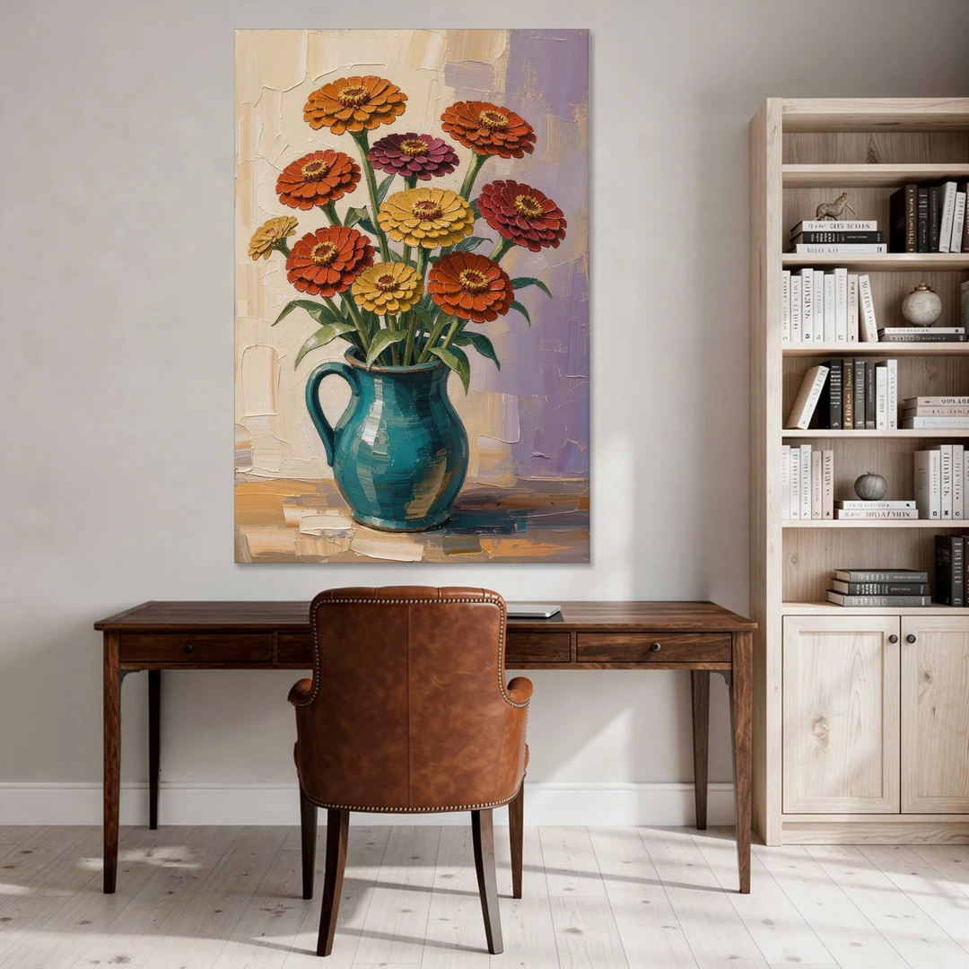 Flower Painting of Zinnias in a Teal Pitcher - Canvas Wall Art - Office - 40x60
