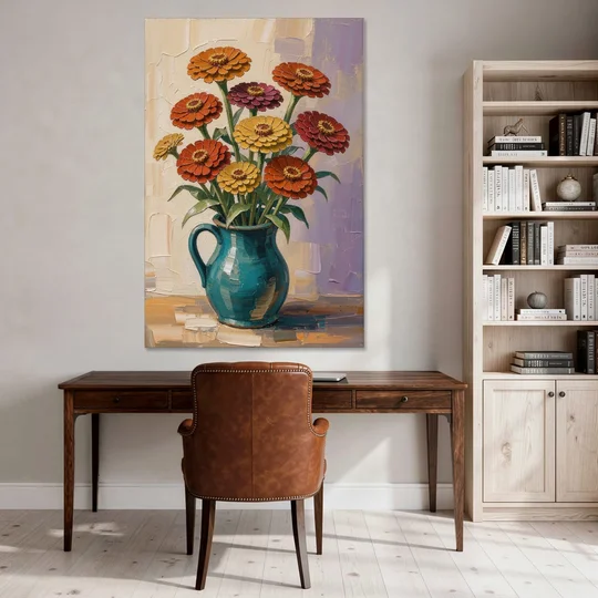 Flower Painting of Zinnias in a Teal Pitcher - Canvas Wall Art - Office - 40x60