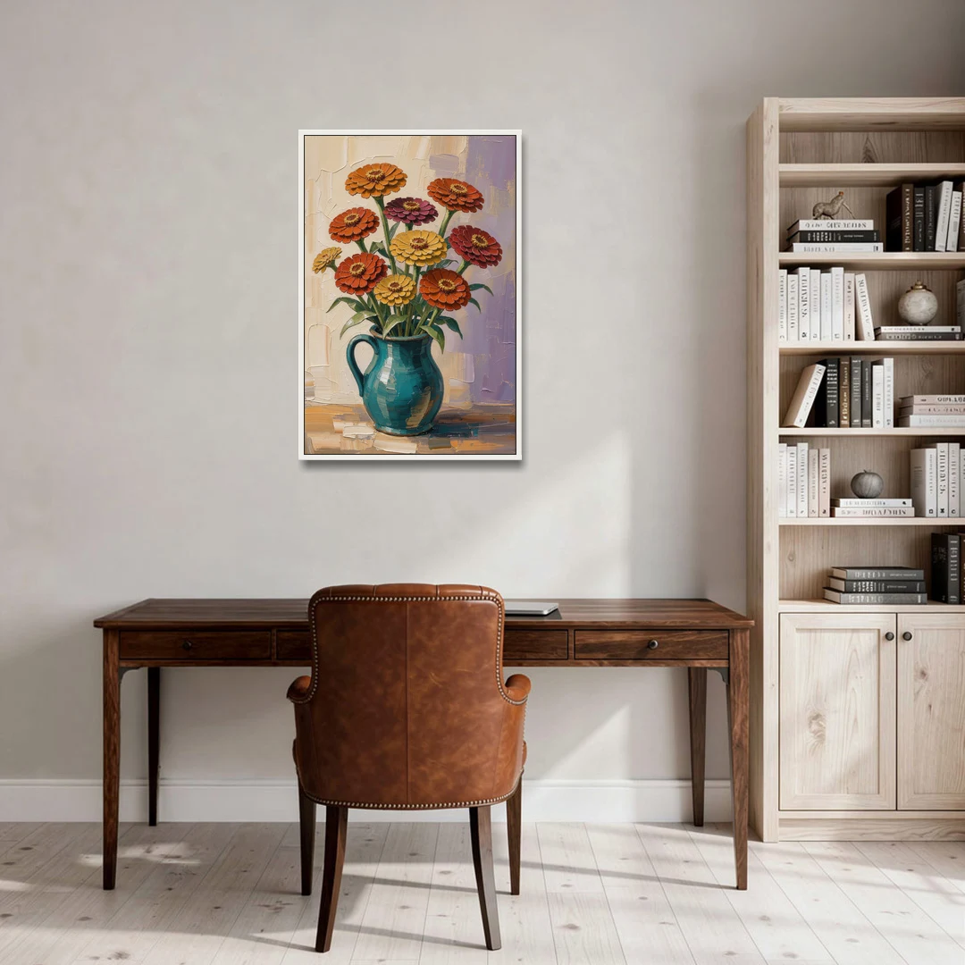 Flower Painting of Zinnias in a Teal Pitcher - White Framed Canvas Wall Art - Office - 24x36