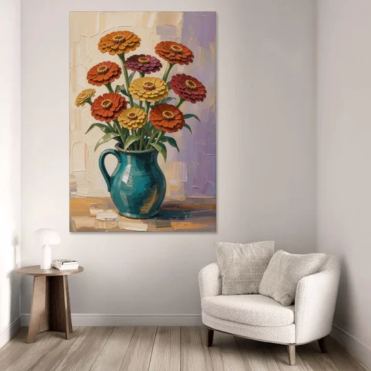 Flower Painting of Zinnias in a Teal Pitcher - Canvas Wall Art - Sofa - 40x60