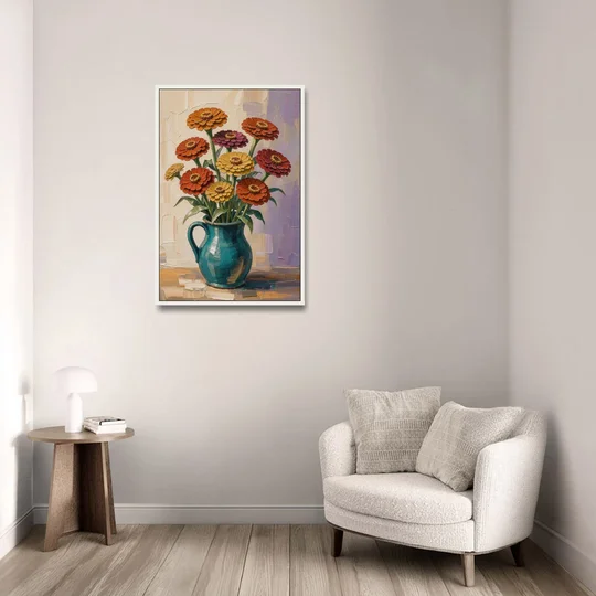 Flower Painting of Zinnias in a Teal Pitcher - White Framed Canvas Wall Art - Sofa - 24x36