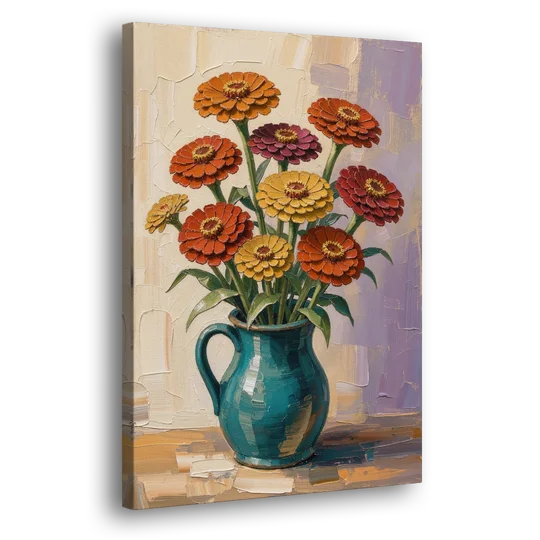 Flower Painting of Zinnias in a Teal Pitcher - Canvas Wall Art - Side