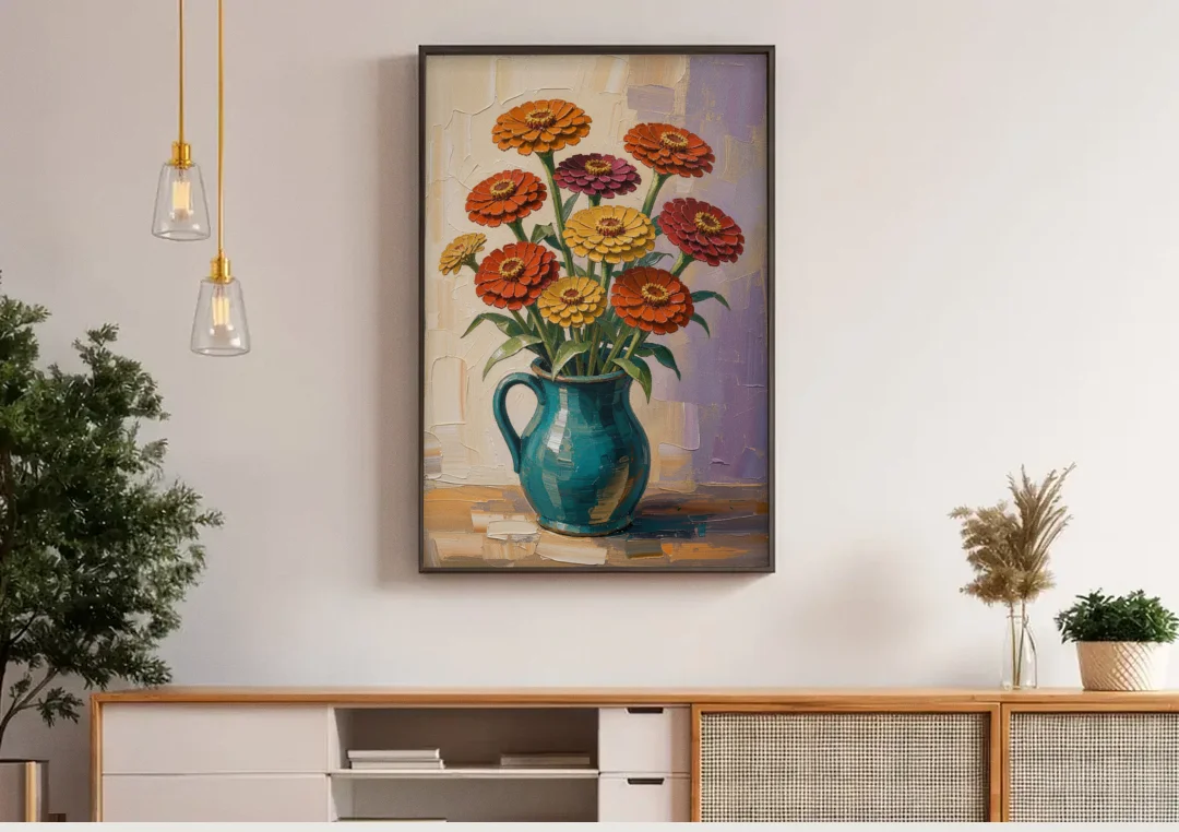 Flower Painting of Zinnias in a Teal Pitcher canvas wall art above a wooden sideboard under pendant lights