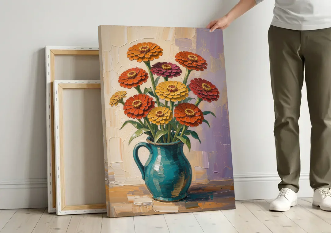 Flower Painting of Zinnias in a Teal Pitcher canvas wall art leaning against a wall next to blank canvases