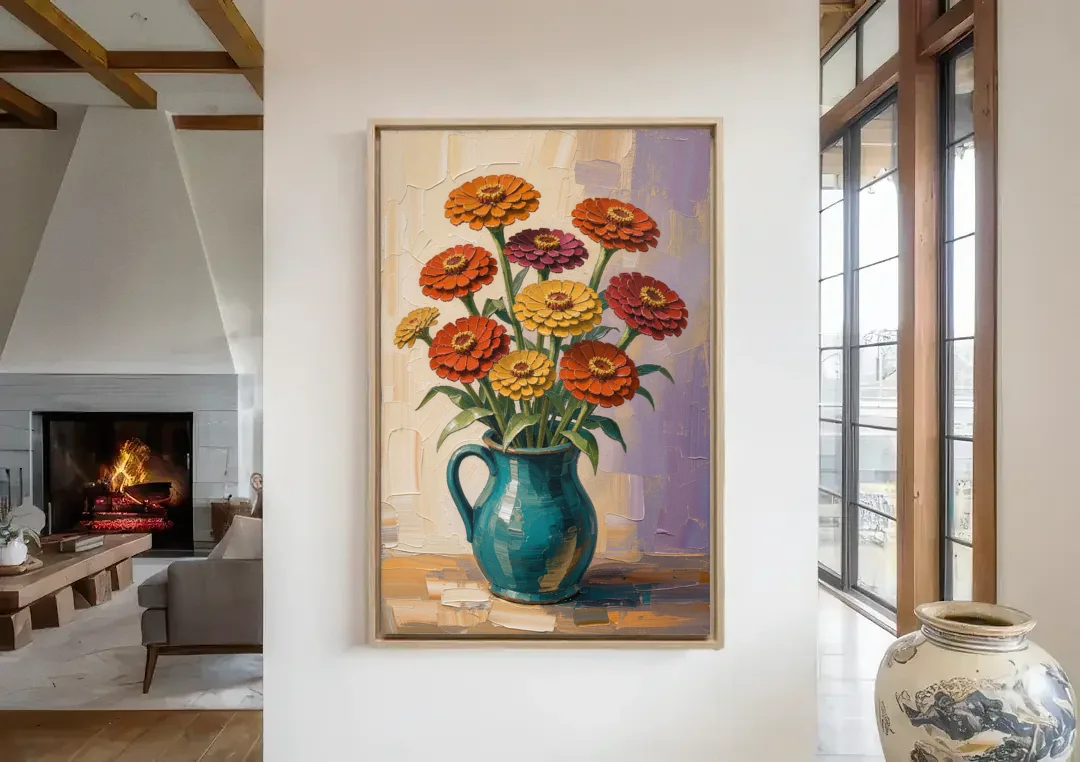 Flower Painting of Zinnias in a Teal Pitcher canvas wall art in a living room with a fireplace