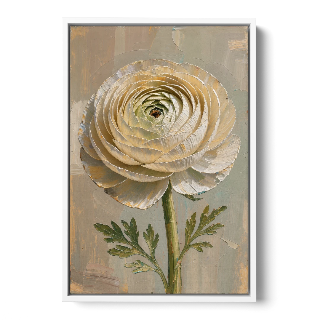 Flower Wall Art with a Cream Ranunculus - White Framed Canvas Wall Art - Front