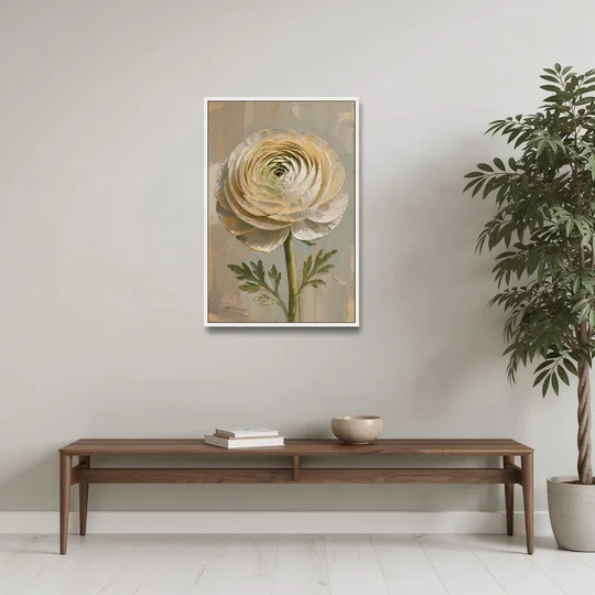 Flower Wall Art with a Cream Ranunculus - White Framed Canvas Wall Art - Coffee Table - 24x36