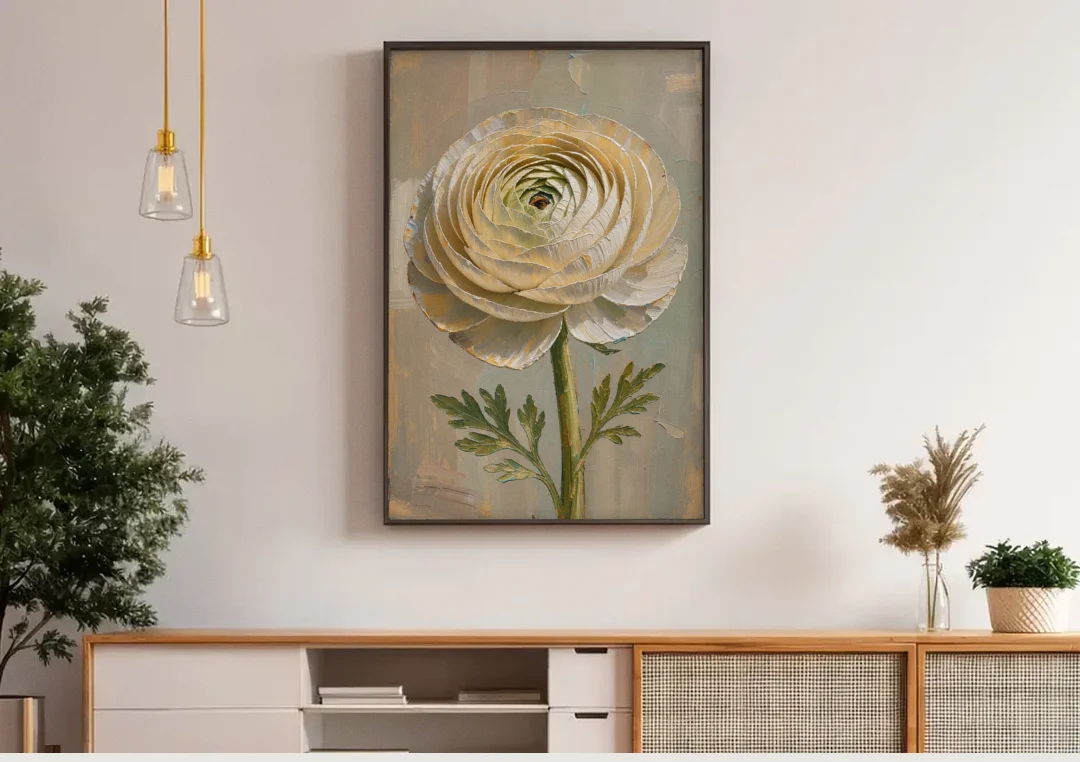 Flower Wall Art with a Cream Ranunculus canvas wall art above a wooden sideboard under pendant lights