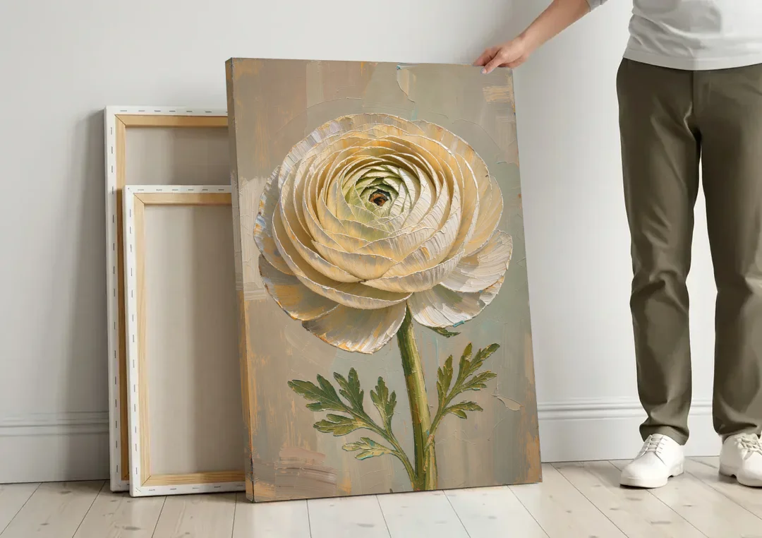 Flower Wall Art with a Cream Ranunculus canvas wall art leaning against a wall next to blank canvases
