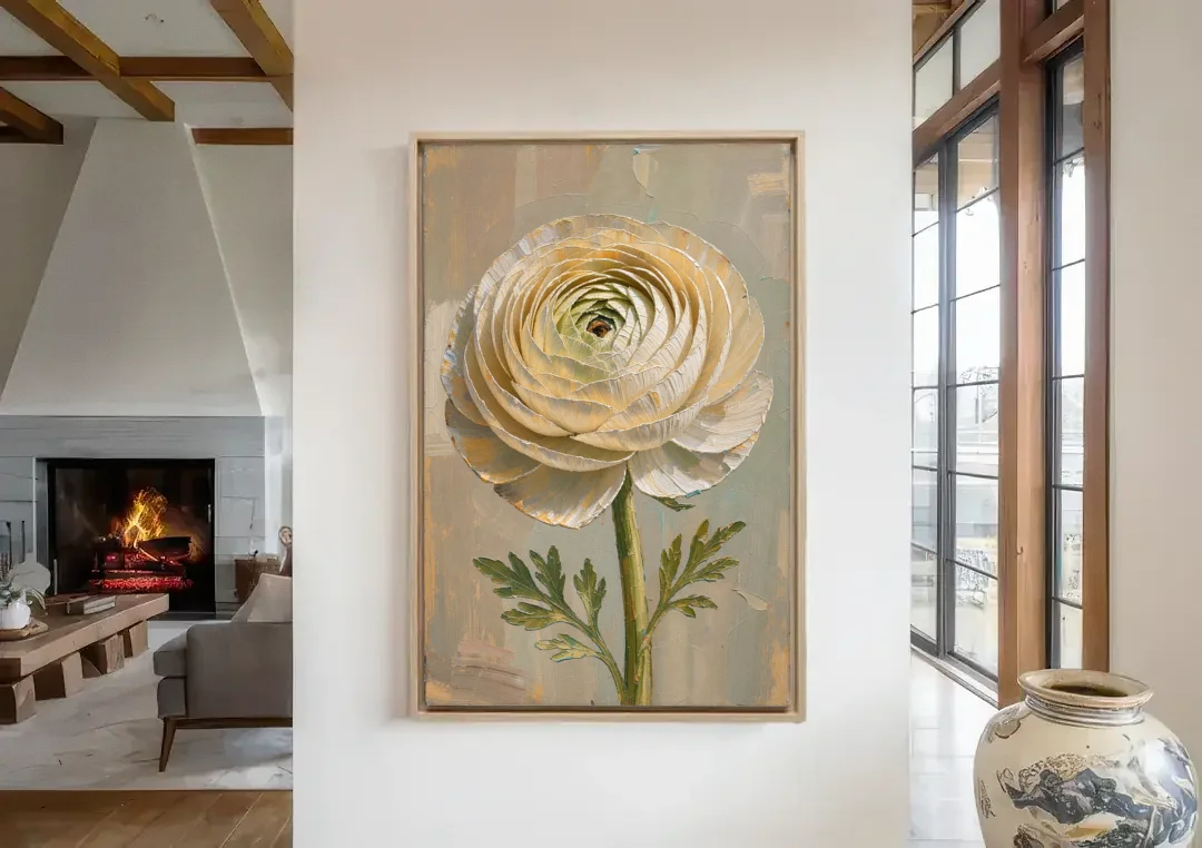 Flower Wall Art with a Cream Ranunculus canvas wall art in a living room with a fireplace