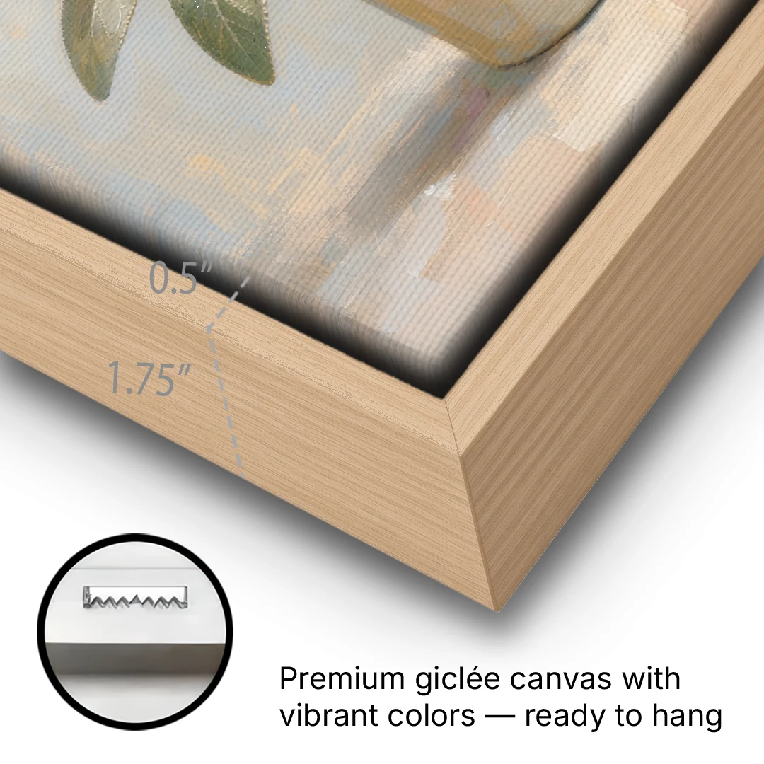 Flowering Sage in a Cream Bottle for the Kitchen - Oak Framed Canvas Wall Art - Gallery Wrap Corner