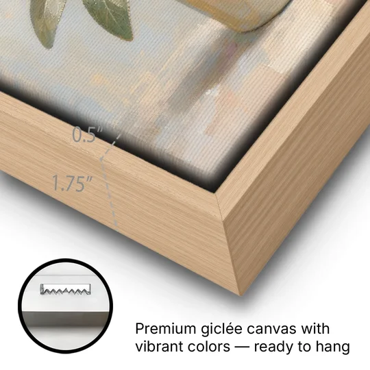 Flowering Sage in a Cream Bottle for the Kitchen - Oak Framed Canvas Wall Art - Gallery Wrap Corner