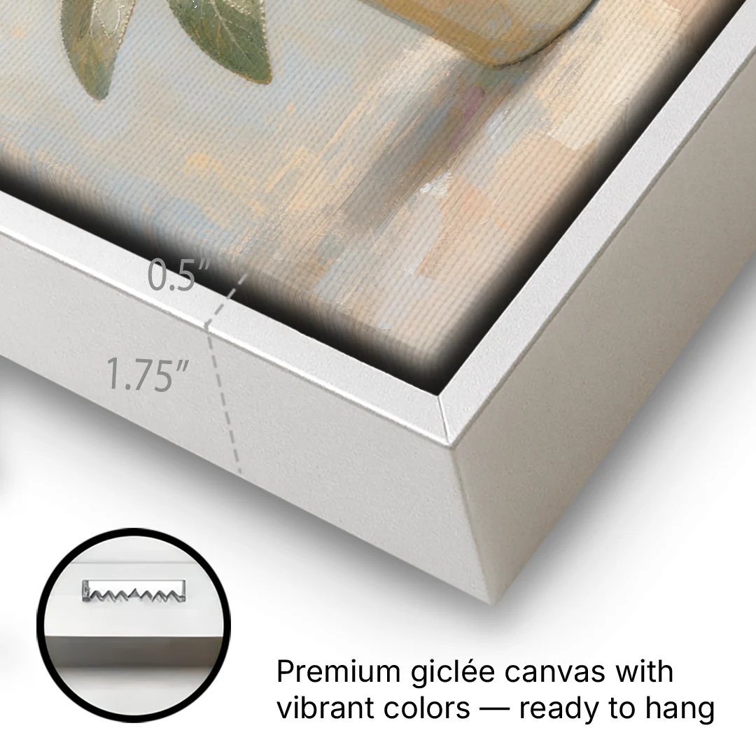 Flowering Sage in a Cream Bottle for the Kitchen - White Framed Canvas Wall Art - Gallery Wrap Corner