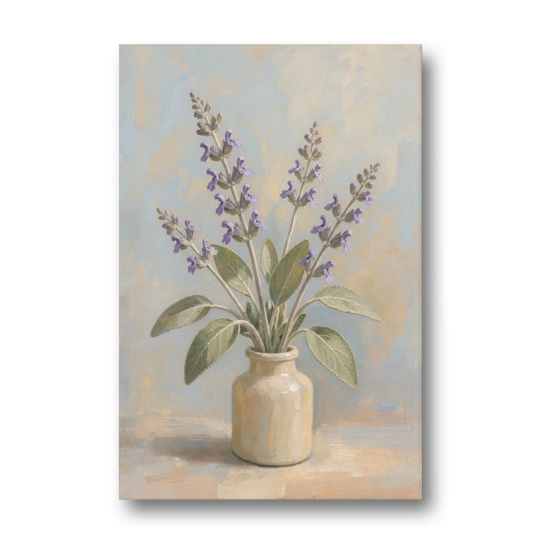Flowering Sage in a Cream Bottle for the Kitchen - Canvas Wall Art - Front