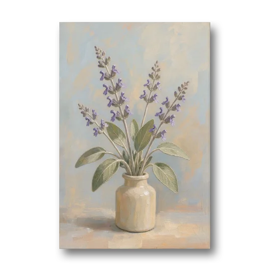 Flowering Sage in a Cream Bottle for the Kitchen - Canvas Wall Art - Front