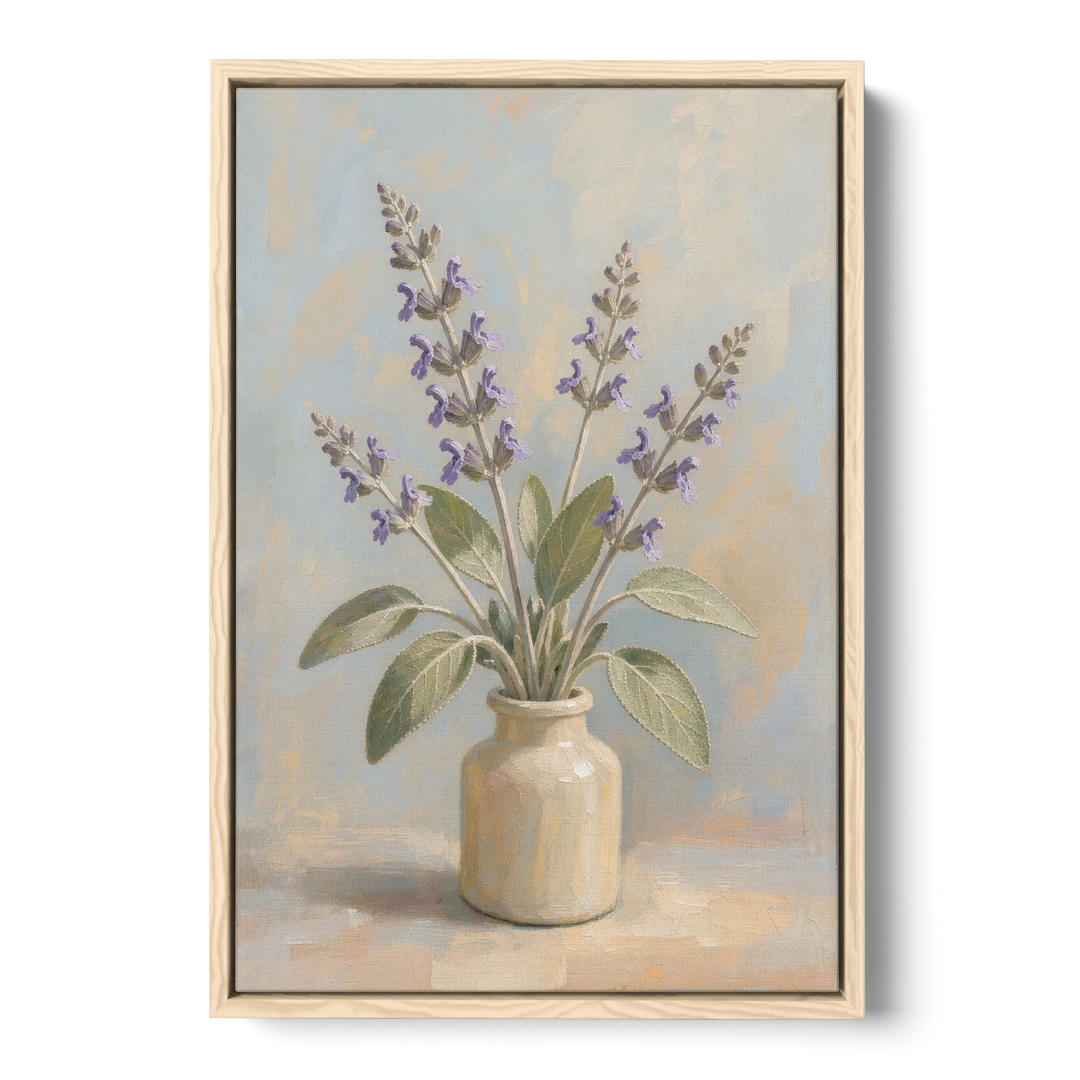 Flowering Sage in a Cream Bottle for the Kitchen - Oak Framed Canvas Wall Art - Front
