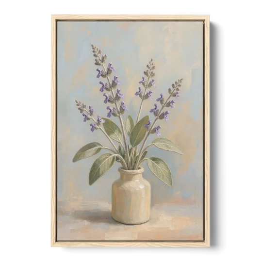 Flowering Sage in a Cream Bottle for the Kitchen - Oak Framed Canvas Wall Art - Front