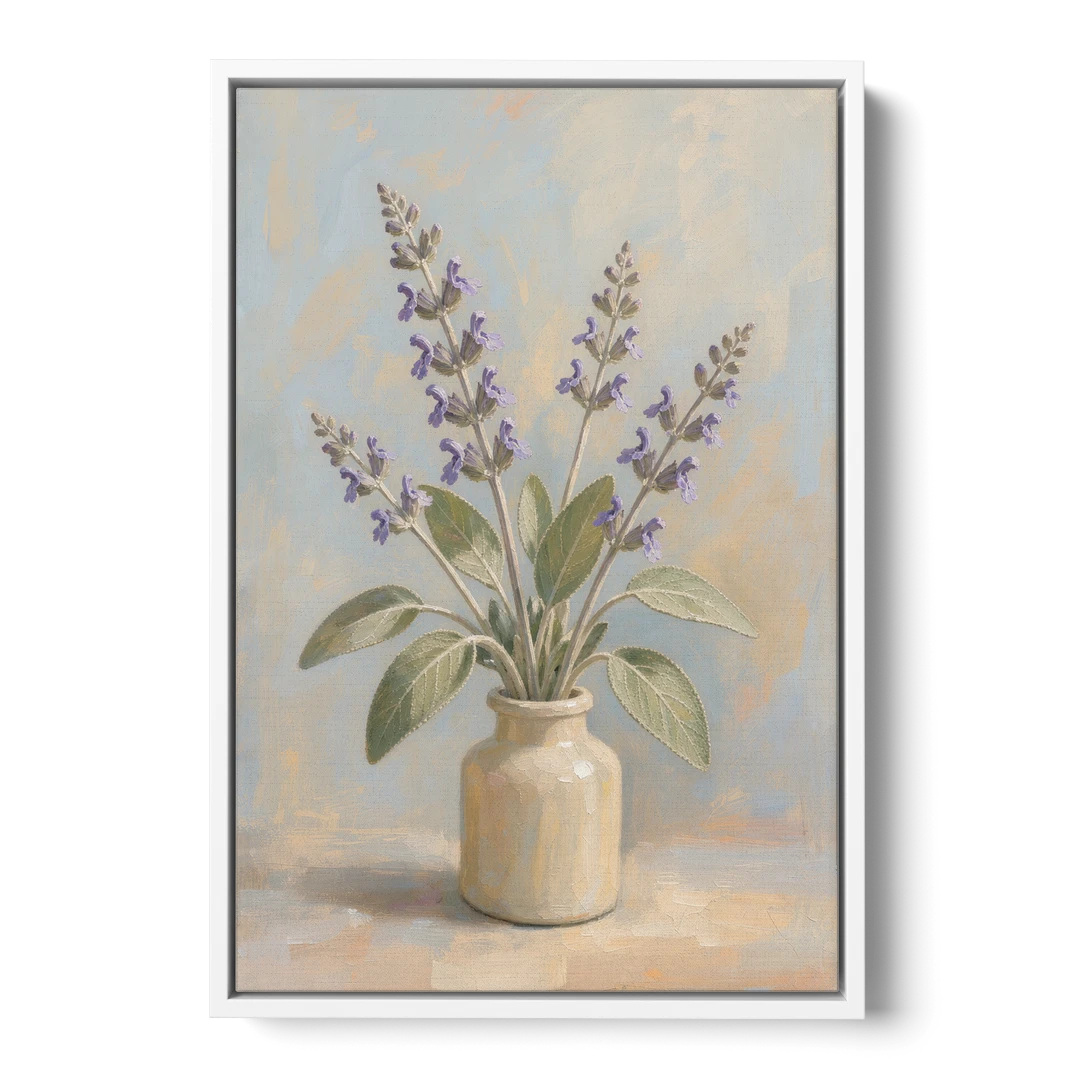Flowering Sage in a Cream Bottle for the Kitchen - White Framed Canvas Wall Art - Front