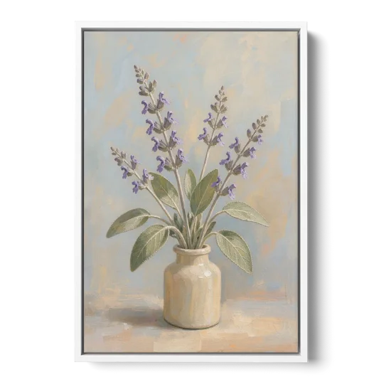 Flowering Sage in a Cream Bottle for the Kitchen - White Framed Canvas Wall Art - Front